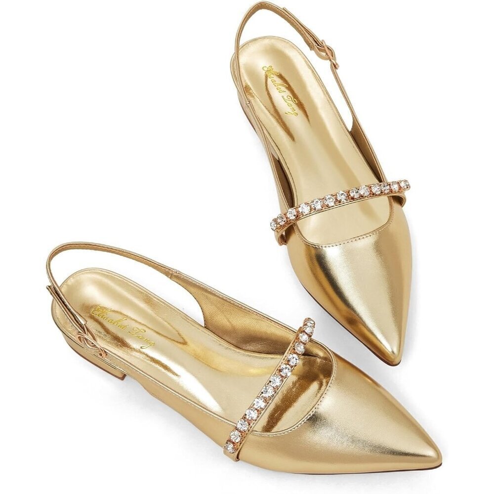 Women Gold Polyurethane (PU) Rhinestone Pointed Toe Slingback Flats